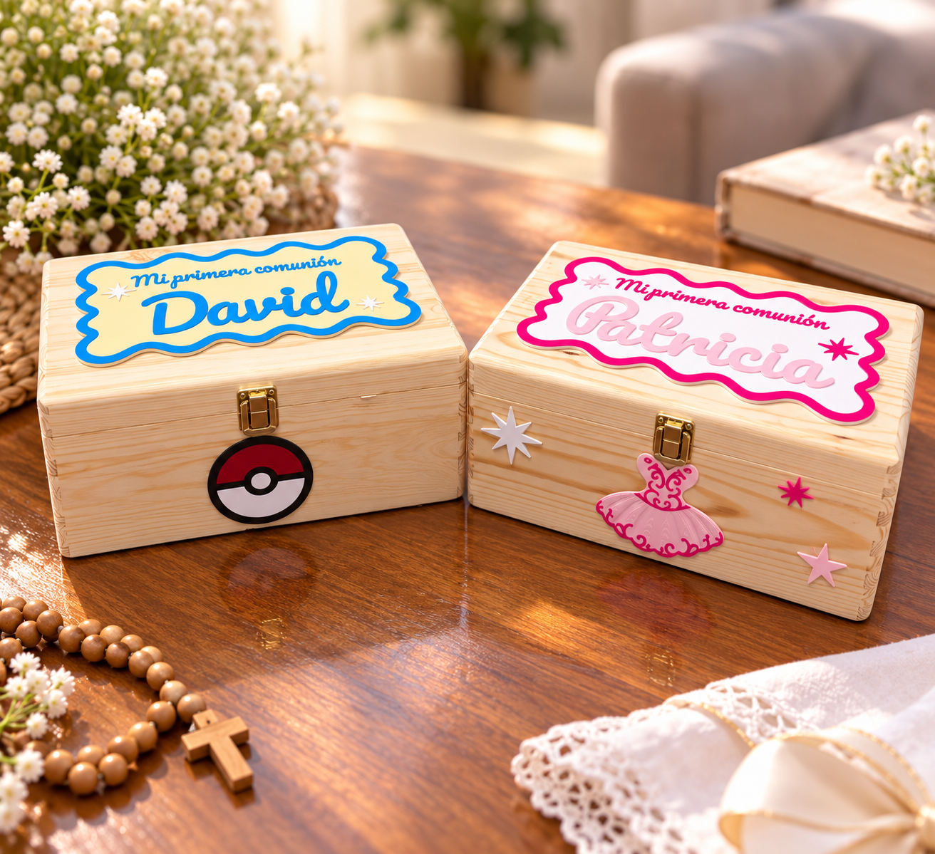 Baúl de madera personalizado.